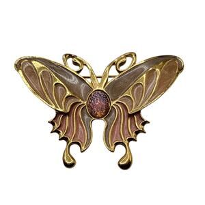Vintage Butterfly Brooch Opalite Gold Tone Enamel Pin